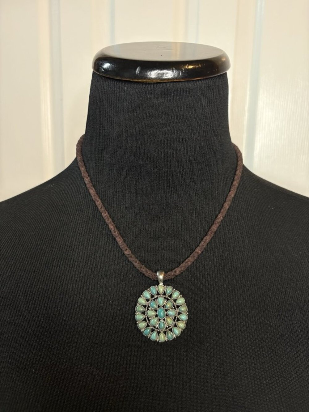 Chaps Faux Turquoise Circle Round Pendant Brown Cord Necklace Western